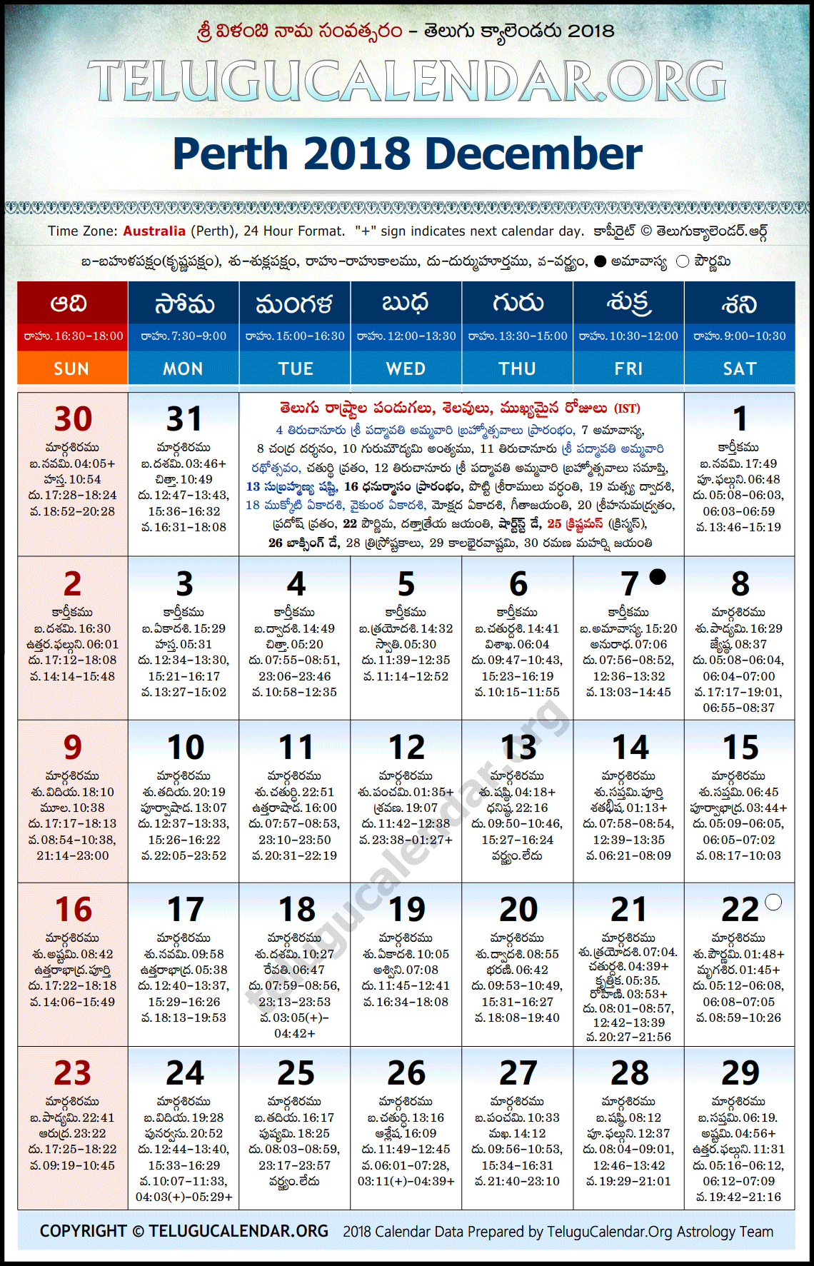 Perth Telugu Calendar 2018 December High Resolution Download