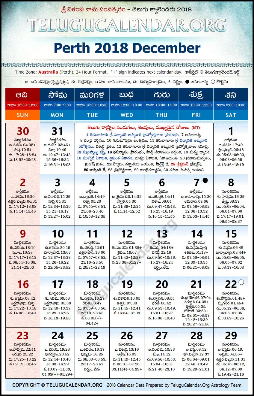 Telugu Calendar 2018 December, Perth