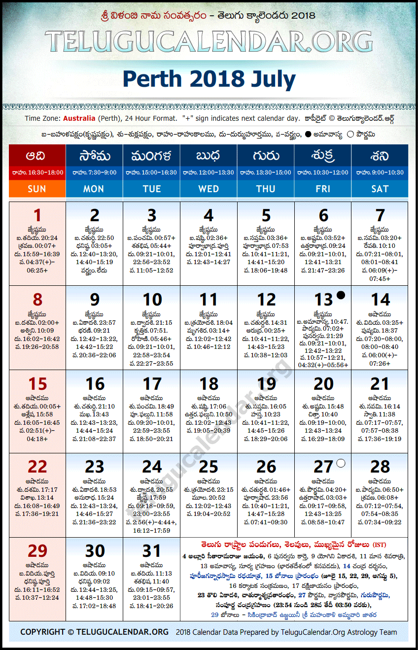 Telugu Calendar 2018 July, Perth