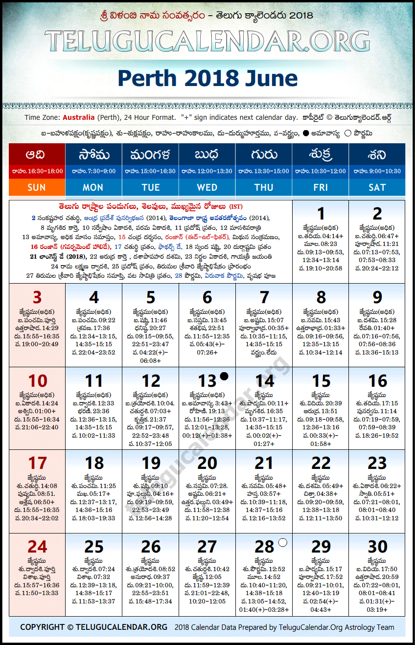 Telugu Calendar 2018 June, Perth