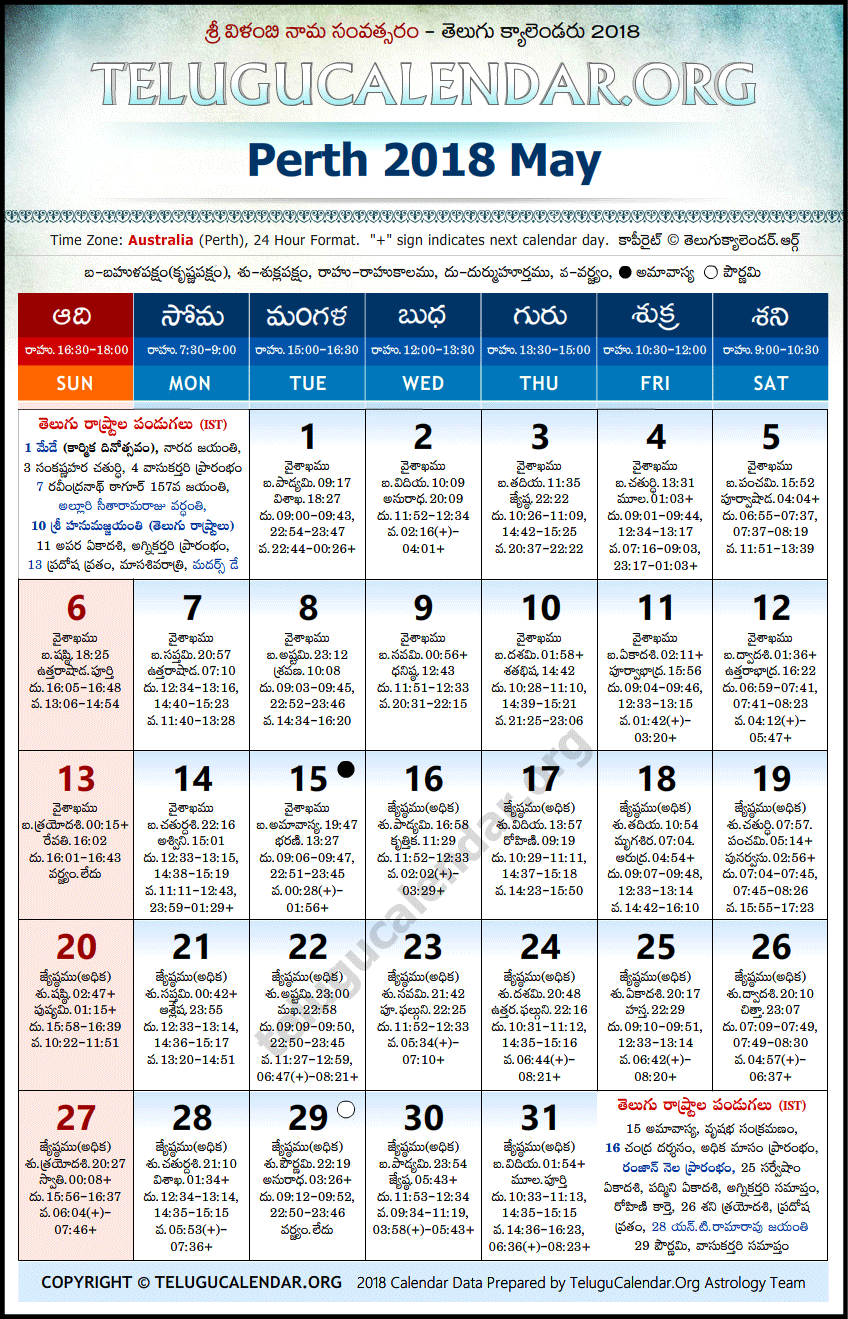 Telugu Calendar 2018 May, Perth