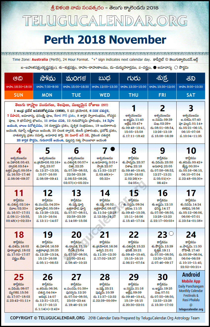 Telugu Calendar 2018 November, Perth