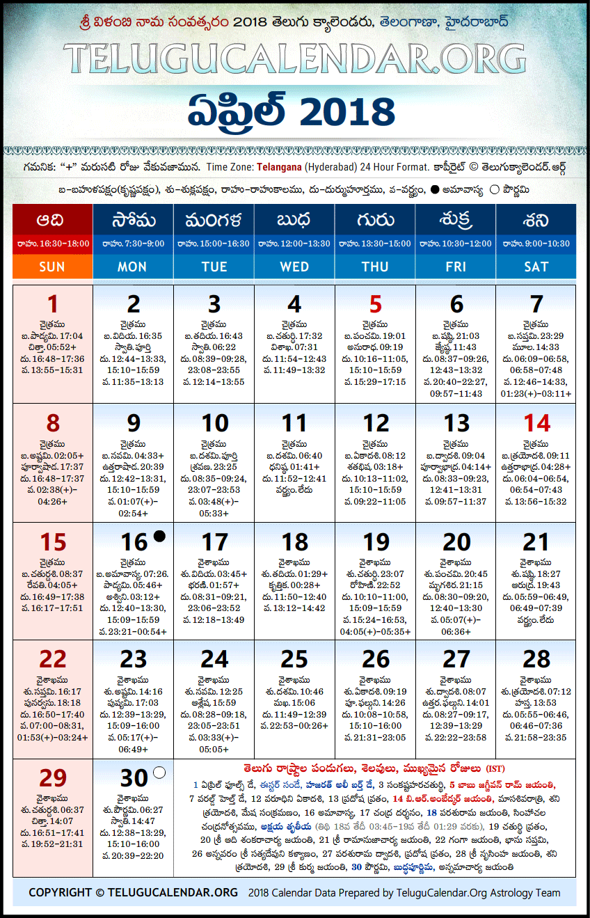 Telugu Calendar 2018 April, Telangana