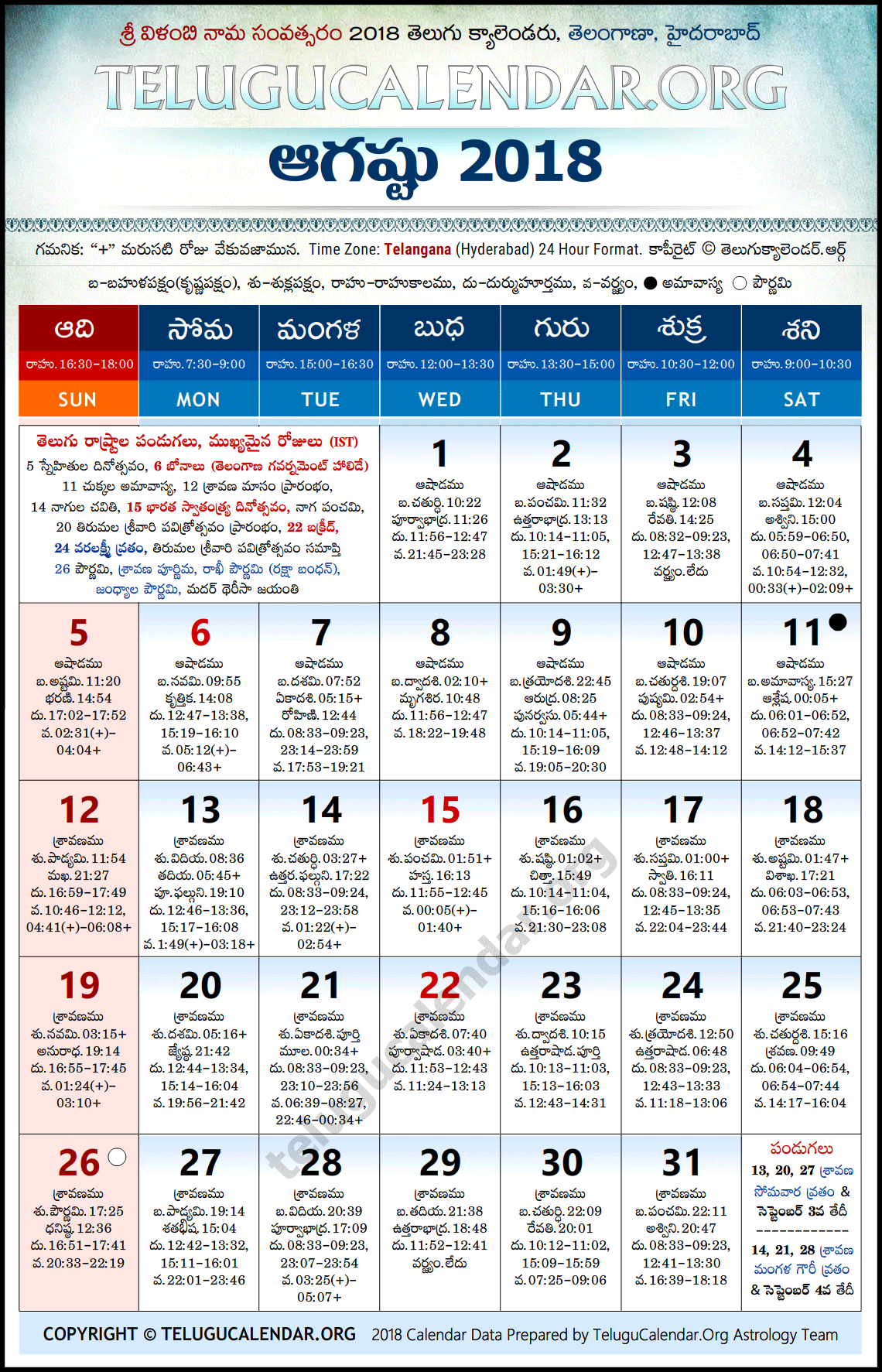 Telangana Telugu Calendar 2018 August High Resolution Download
