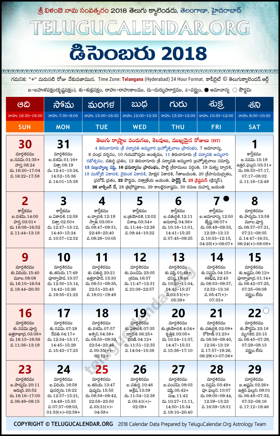 Telangana Telugu Calendar 2018 December High Resolution Download