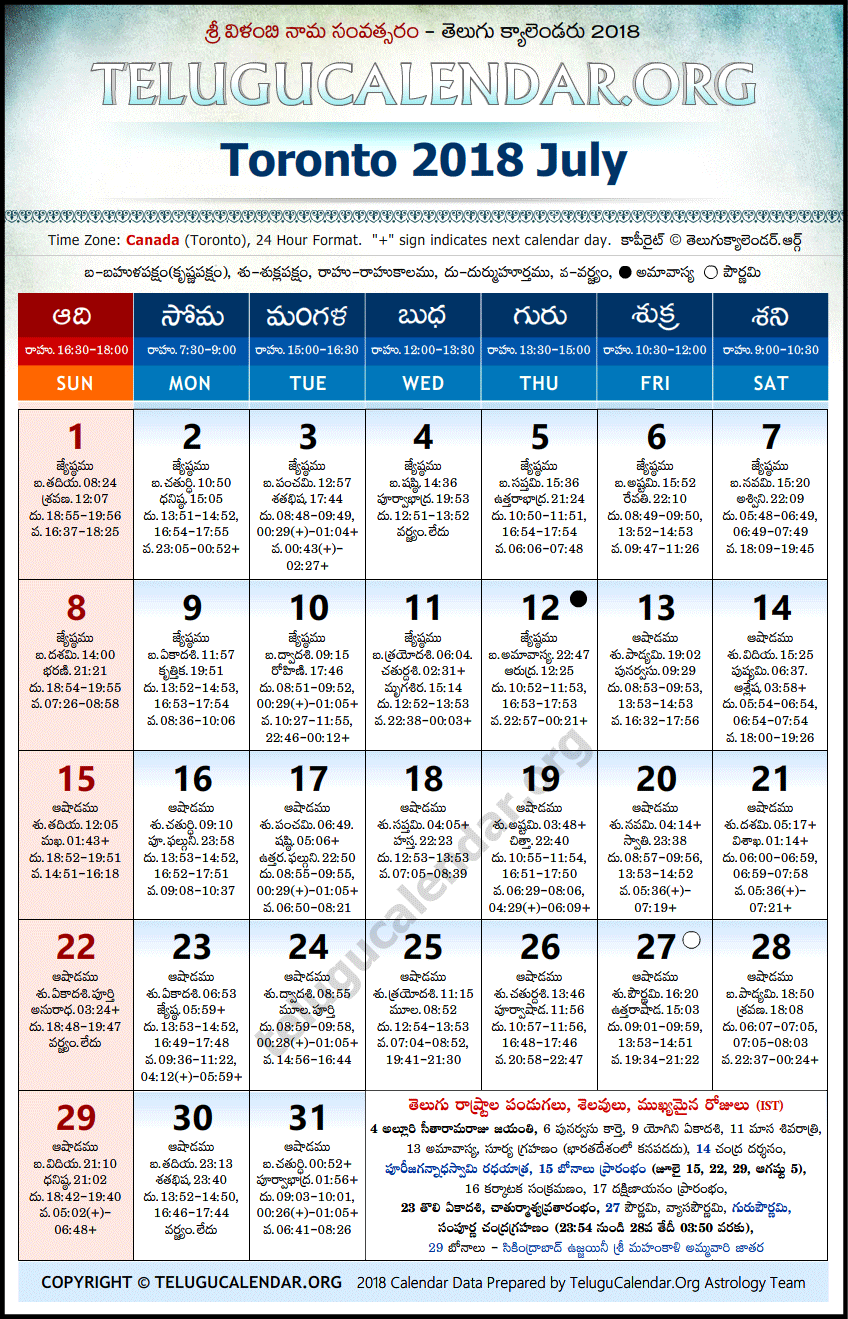 Telugu Calendar 2018 July, Toronto