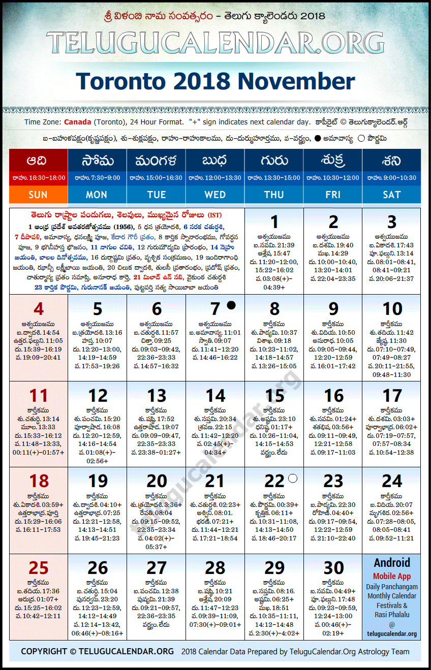 Telugu Calendar 2018 November, Toronto