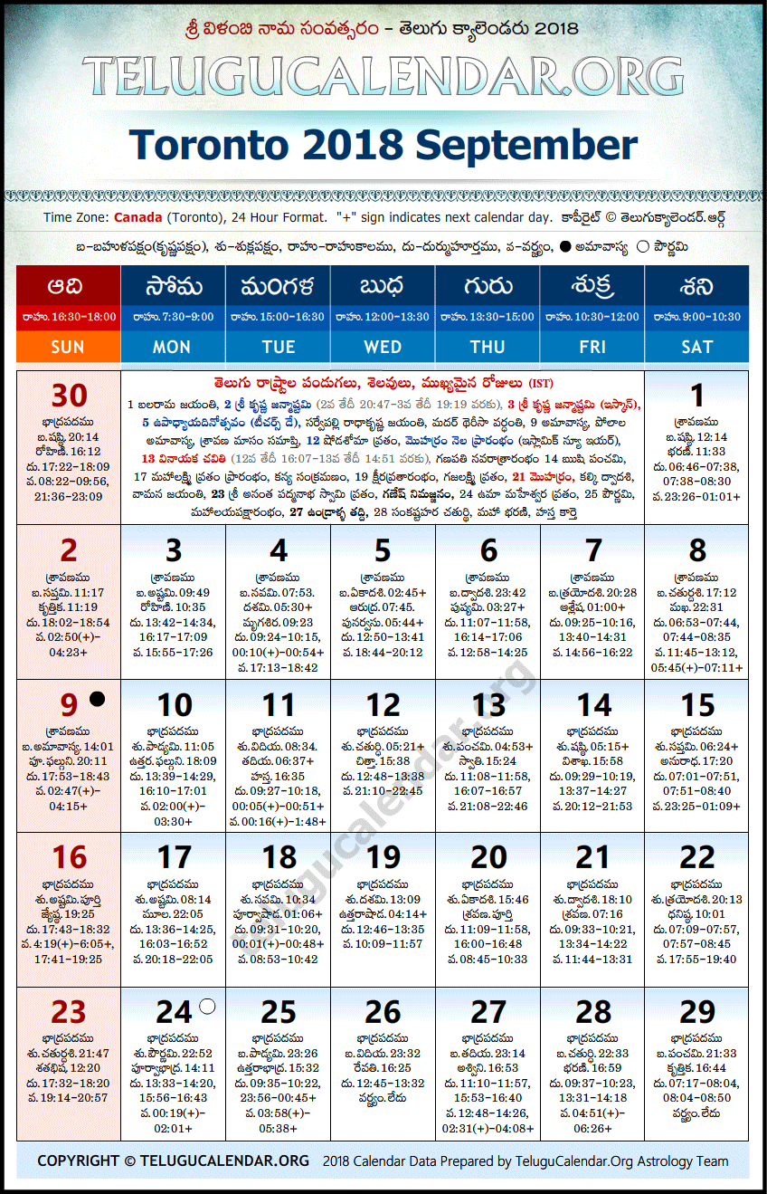 Telugu Calendar 2018 September, Toronto