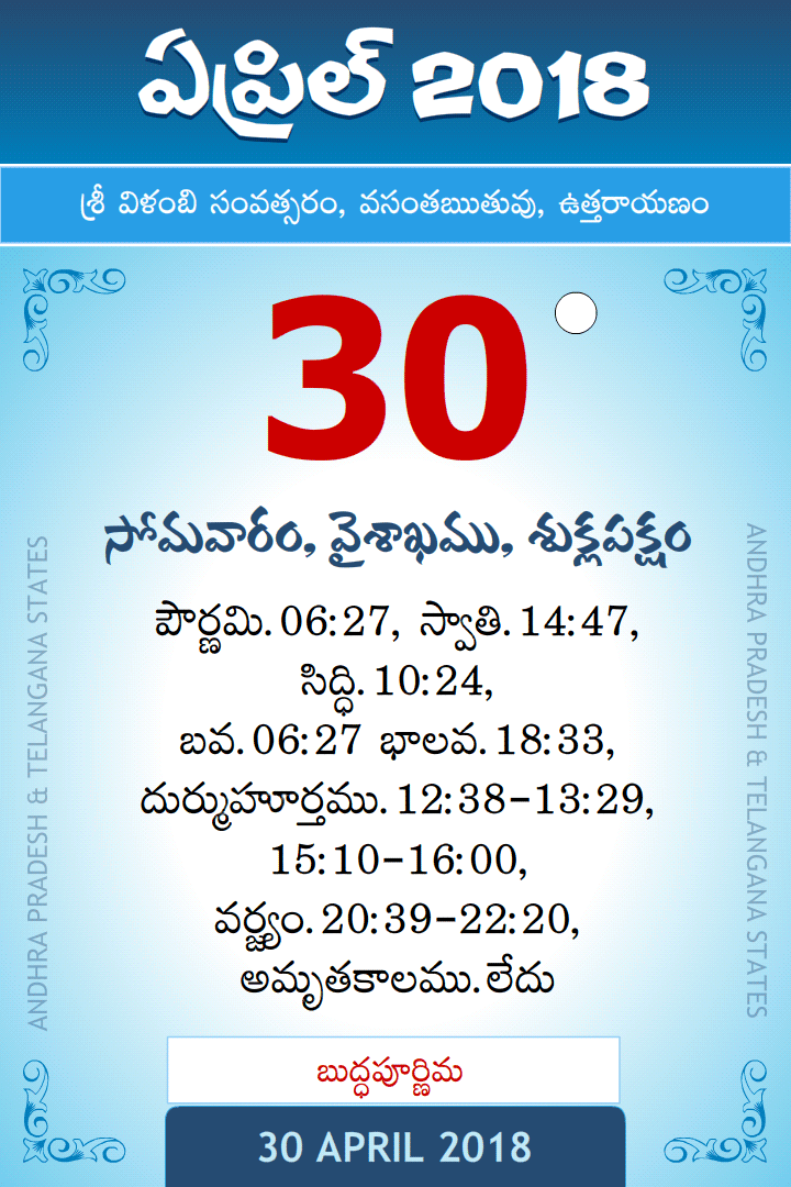 30 April 2018 Telugu Calendar