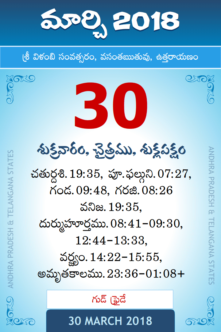 30 March 2018 Telugu Calendar