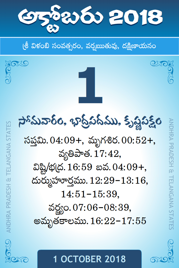 1 October 2018 Telugu Calendar