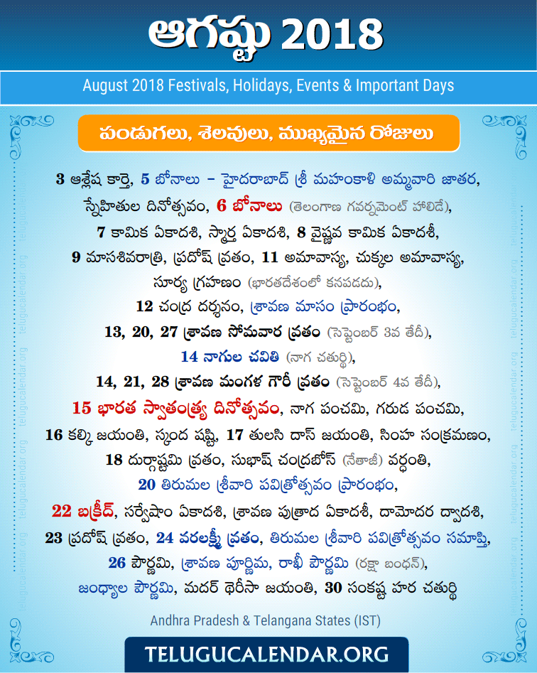 August 2018 Telugu Festivals Holidays Events Telugu Pandugalu