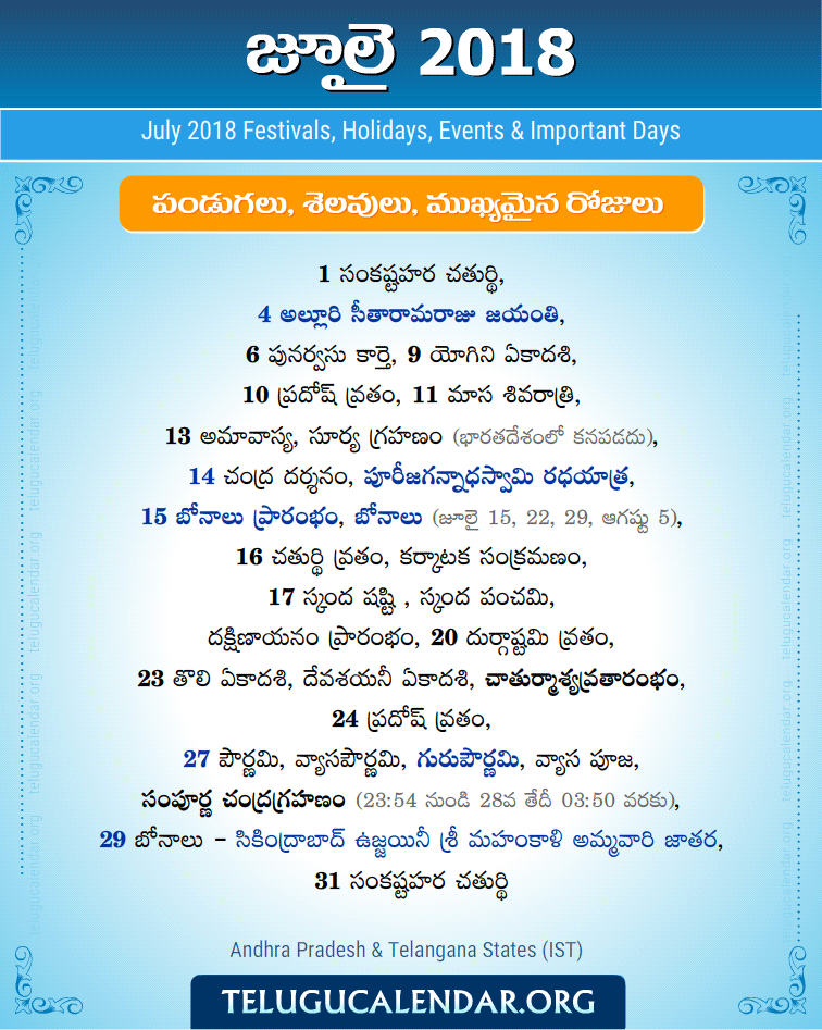 Telugu Festivals 2018 July