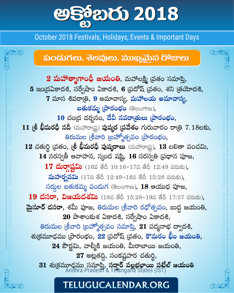 Telugu Festivals 2018 October