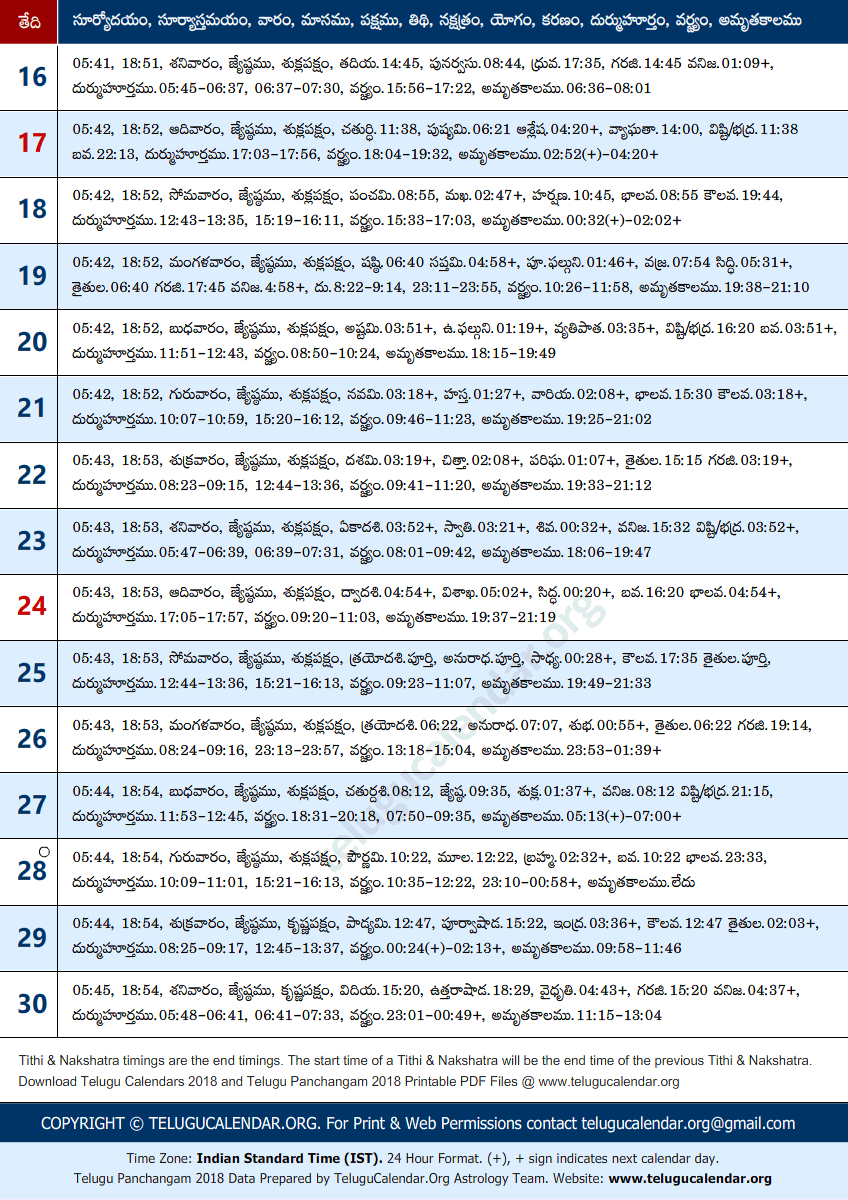 Telugu Panchangam 2018 June Sheet-2