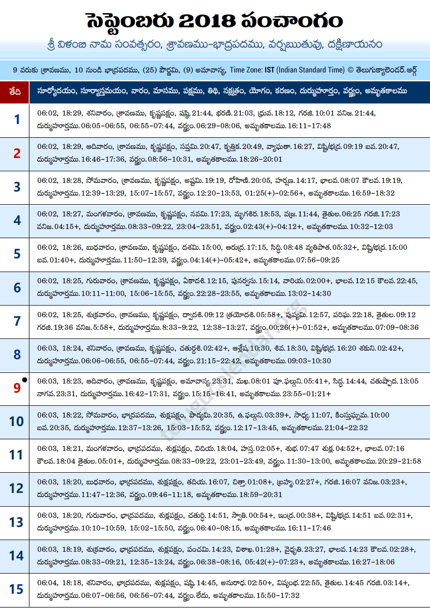 Telugu Panchangam 2018 September Sheet-1