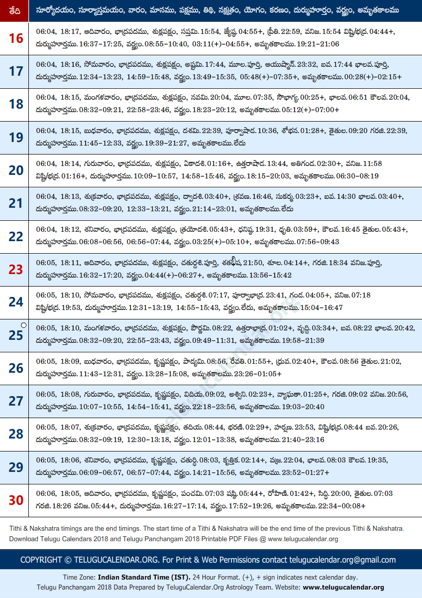 Telugu Panchangam 2018 September Sheet-2