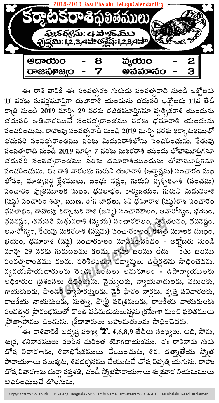 Telugu Karkataka (Cancer) Rasi Phalalu 2018-2019