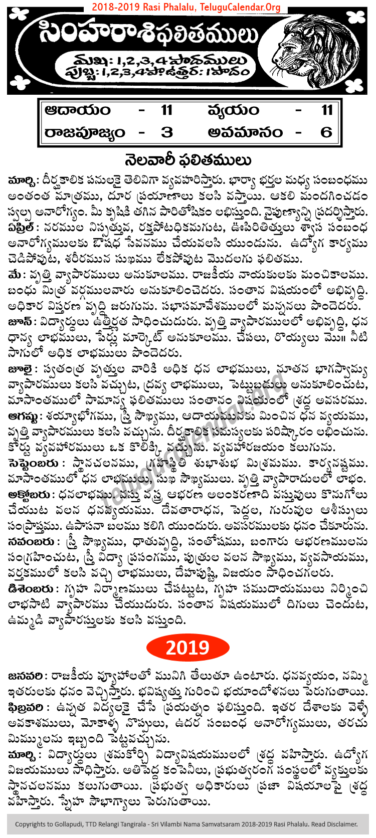 Telugu Simha (Leo) Rasi Phalalu 2018-2019