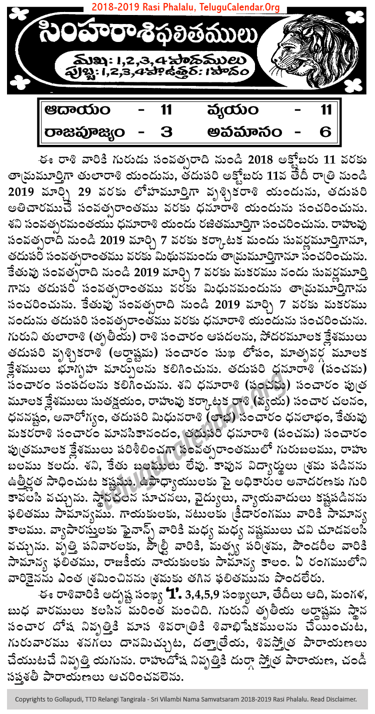 Telugu Simha (Leo) Rasi Phalalu 2018-2019