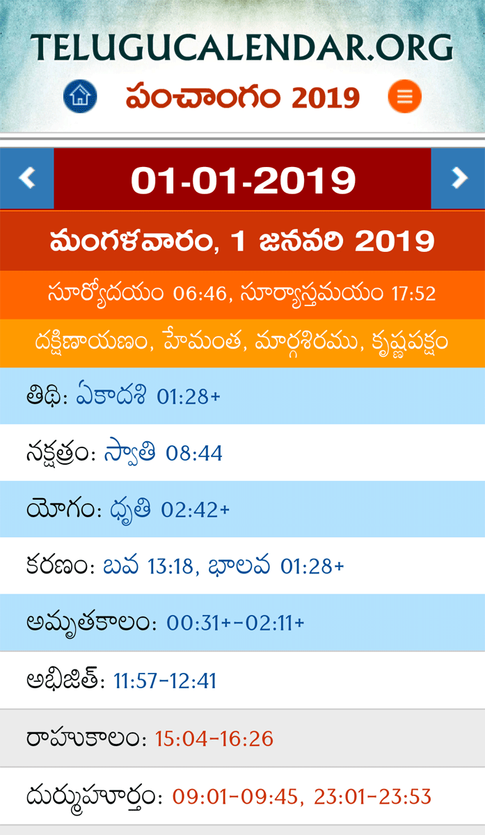 Daily Panchangam Screen (2019 Mobile App)