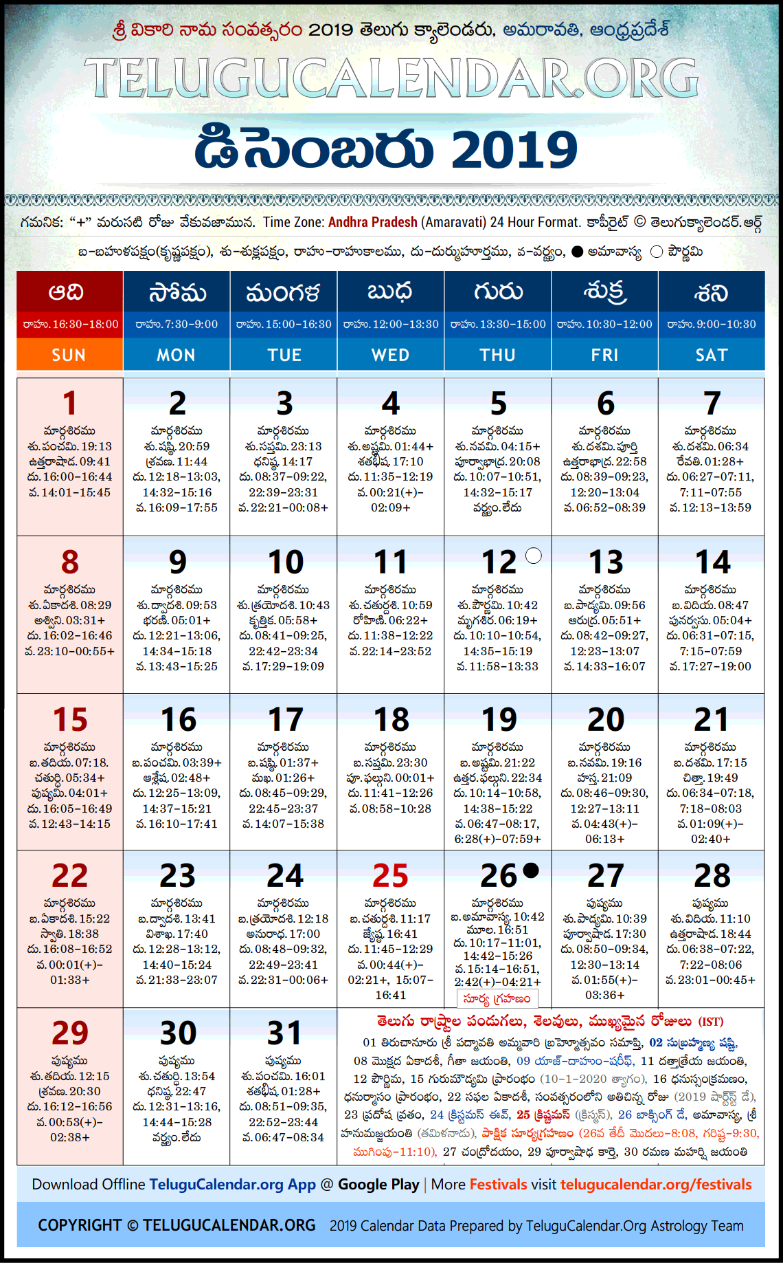 Andhra Pradesh Telugu Calendar 2019 December High Resolution Download