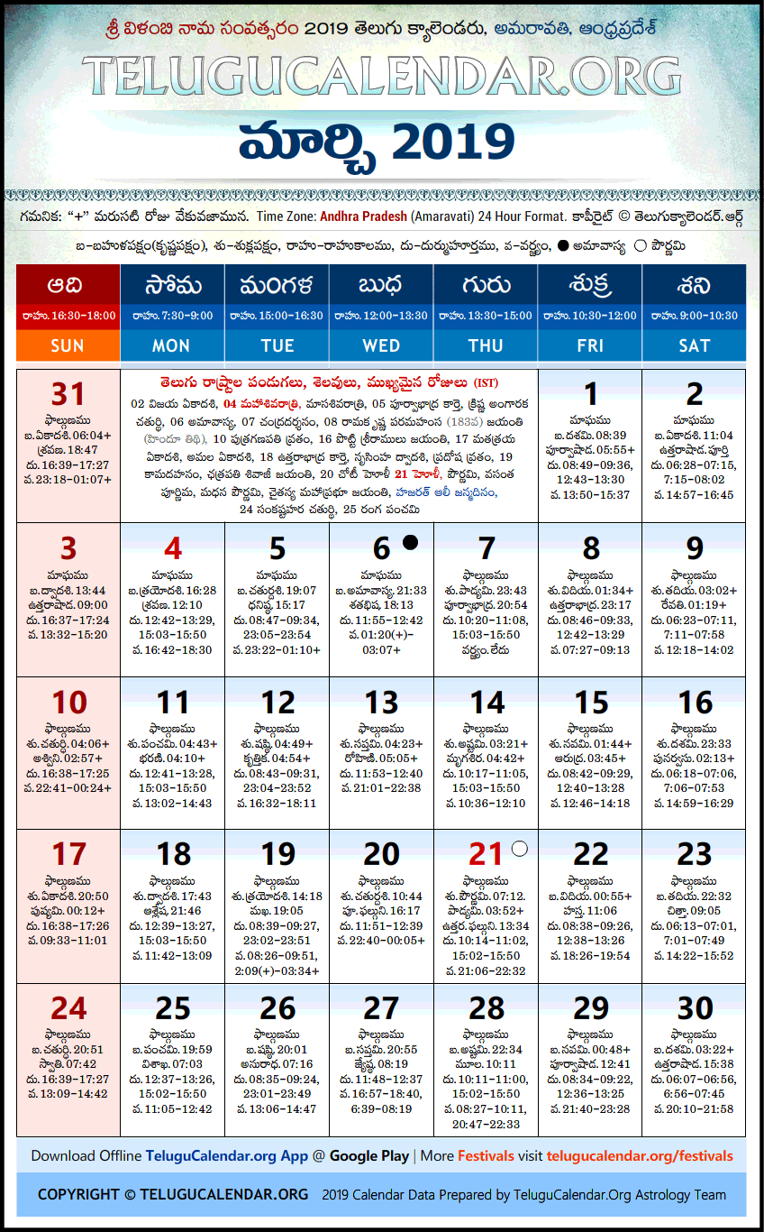 Telugu Calendar 2019 March, Andhra Pradesh