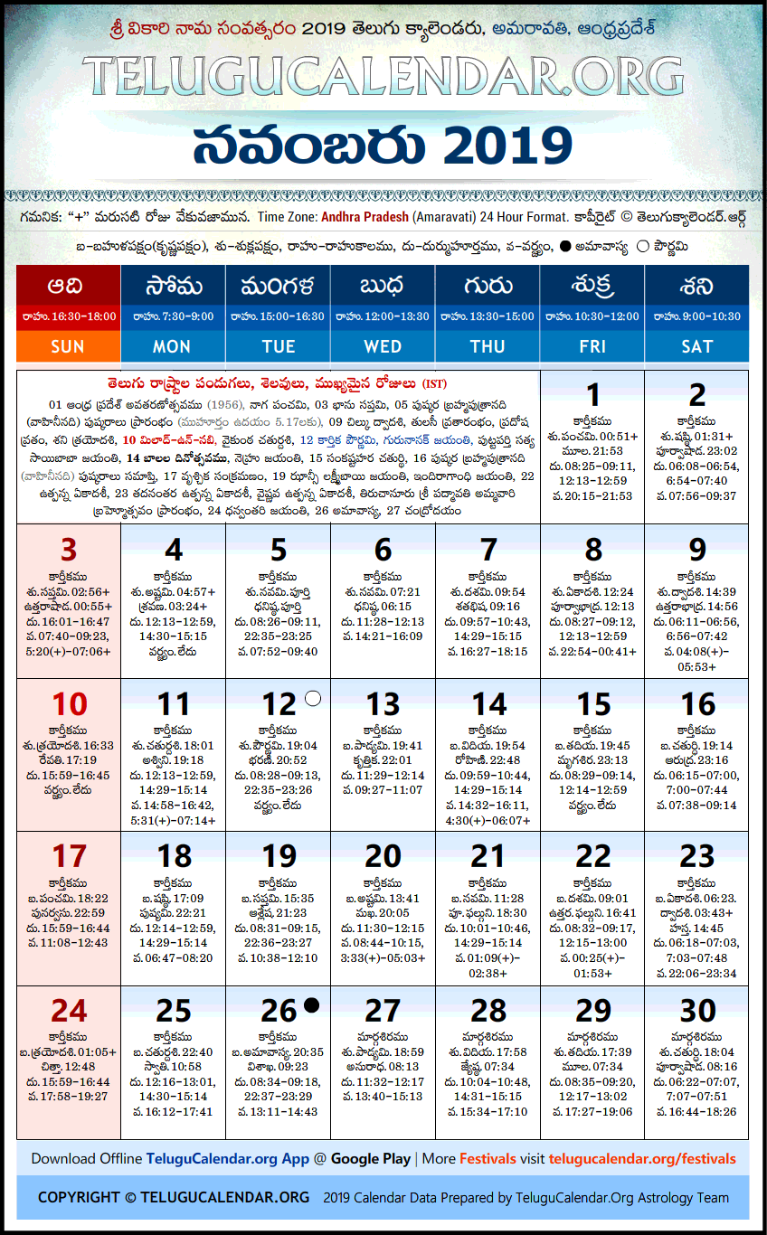 Telugu Calendar 2019 November, Andhra Pradesh