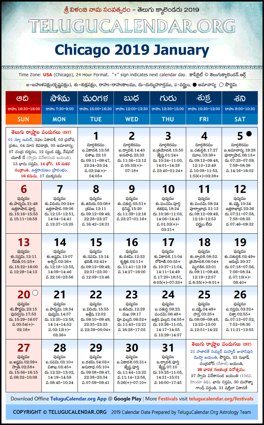 Telugu Calendar 2019 January, Chicago