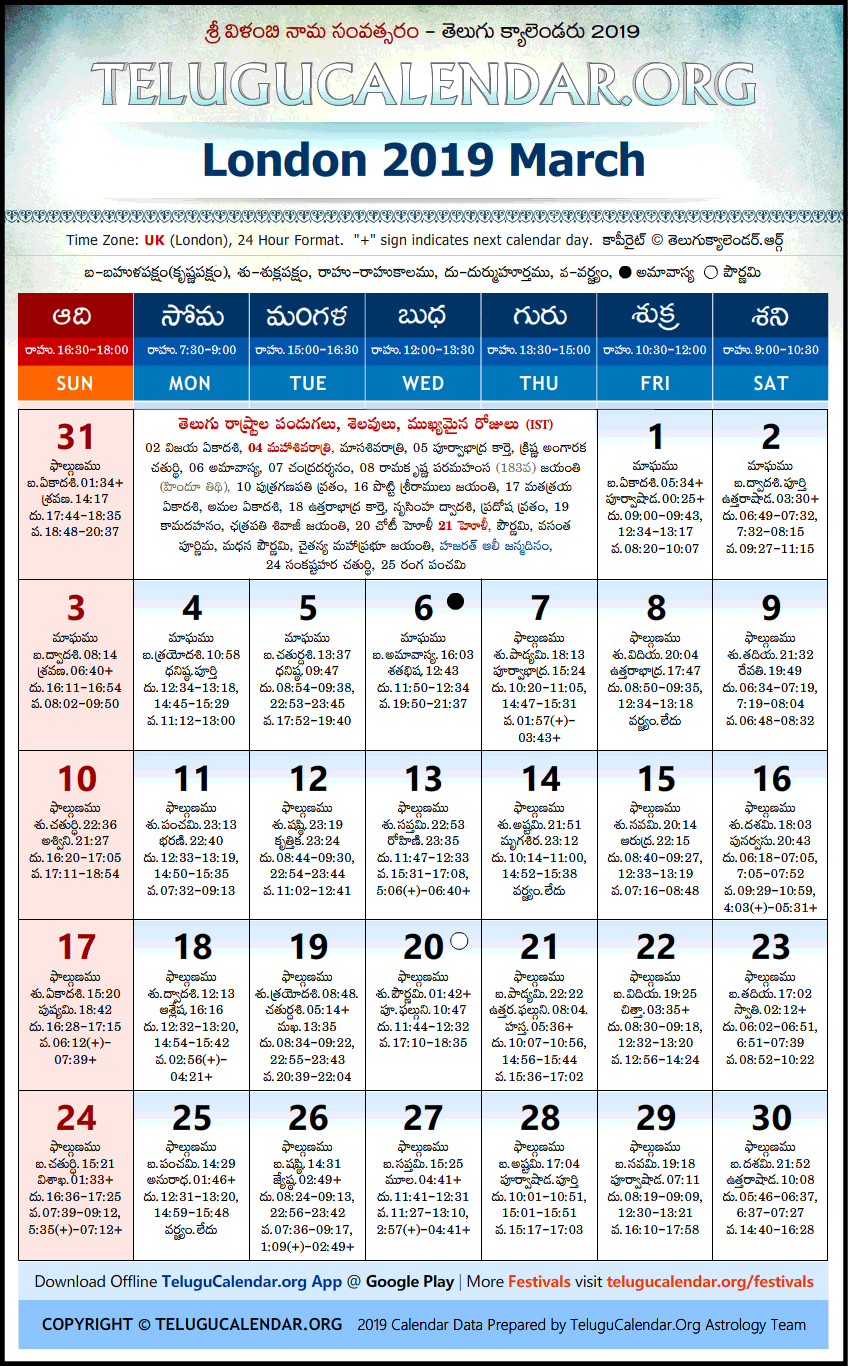 Telugu Calendar 2019 March, London