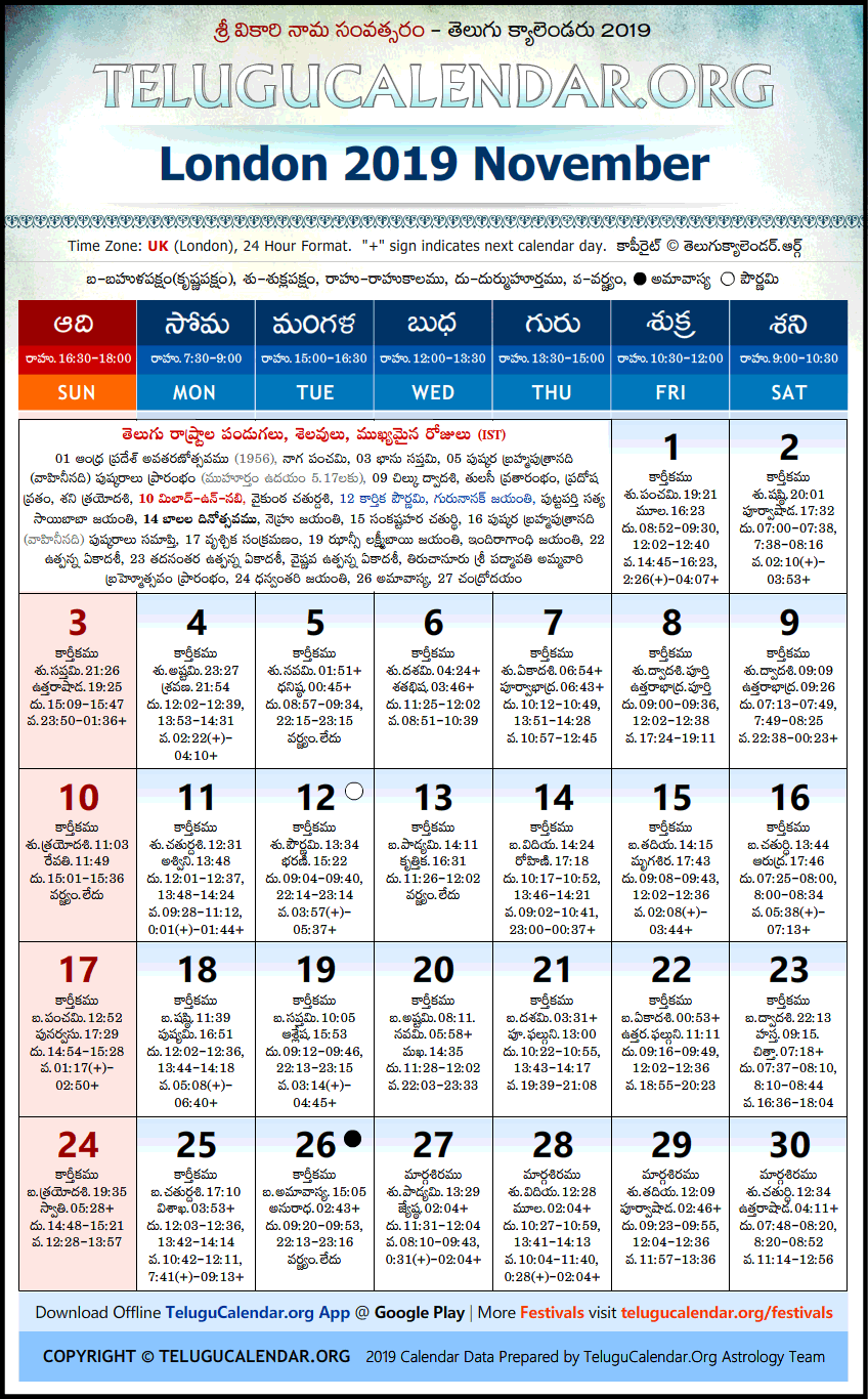 Telugu Calendar 2019 November, London