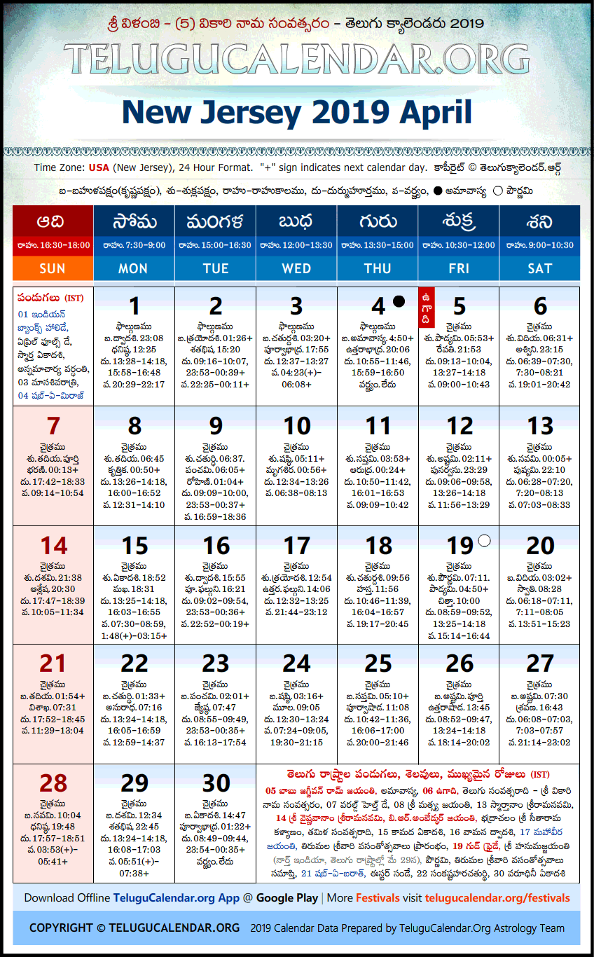 Telugu Calendar 2019 April, New Jersey