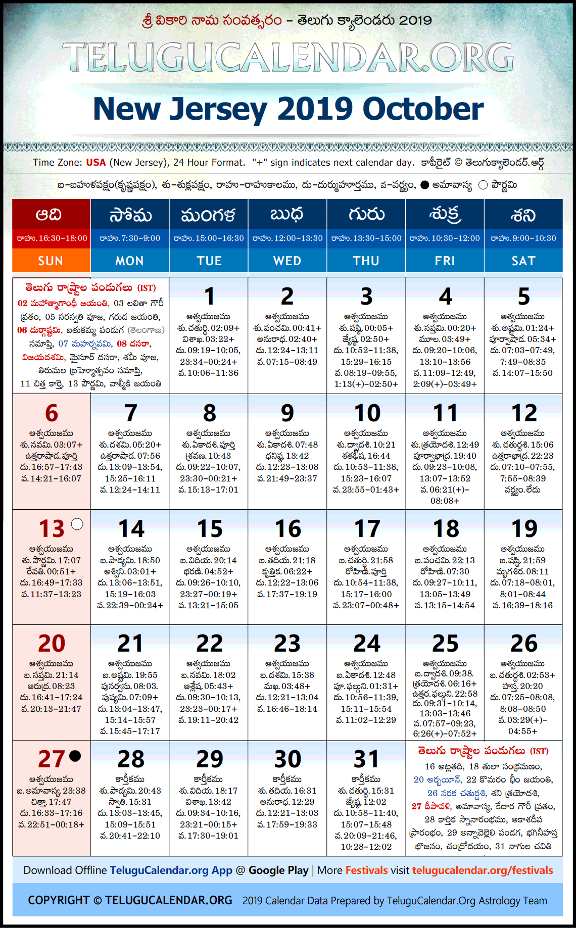 New Jersey Telugu Calendar 2019 October High Resolution Download