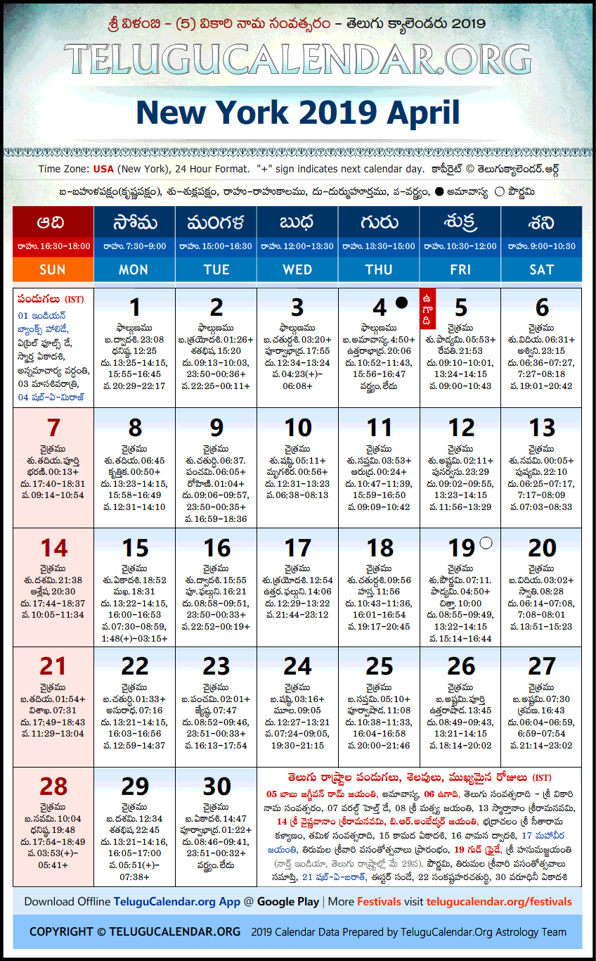 Telugu Calendar 2019 April, New York