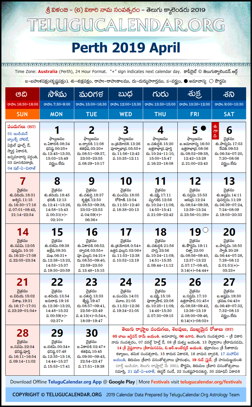 Telugu Calendar 2019 April, Perth