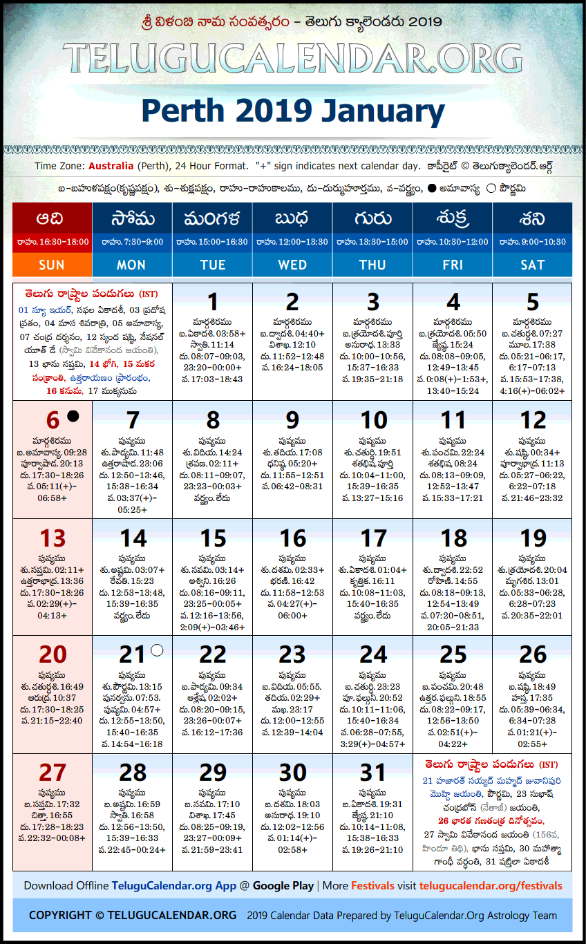 Telugu Calendar 2019 January, Perth