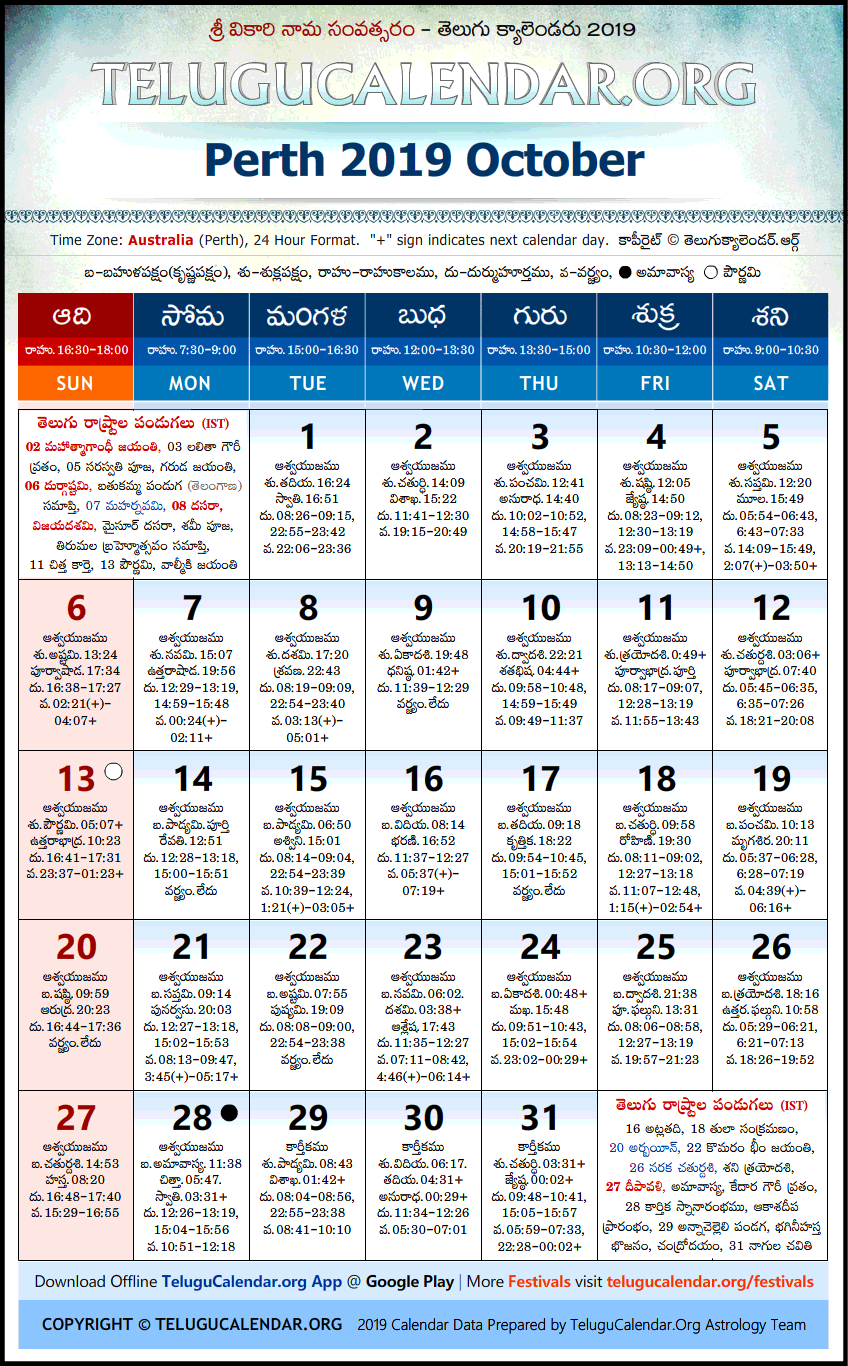 Telugu Calendar 2019 October, Perth