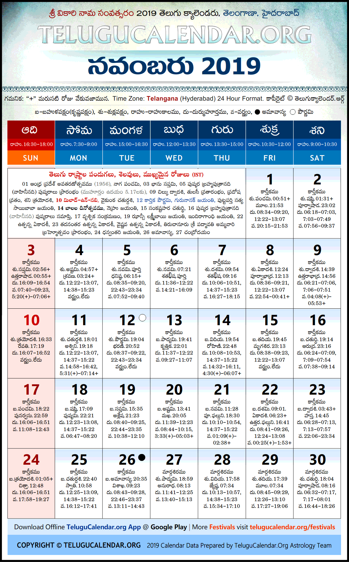 Telangana Telugu Calendar 2019 November High Resolution Download