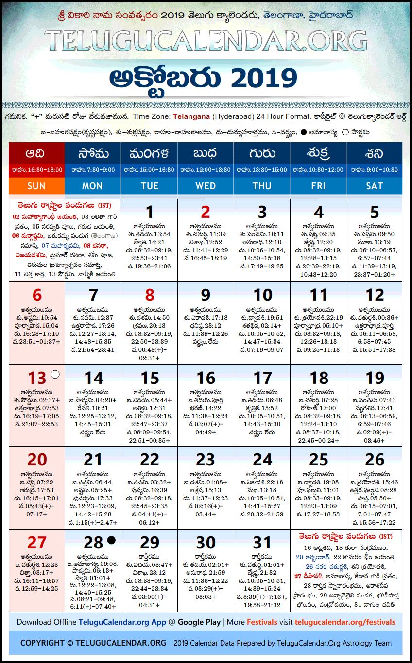 Telugu Calendar 2019 October, Telangana
