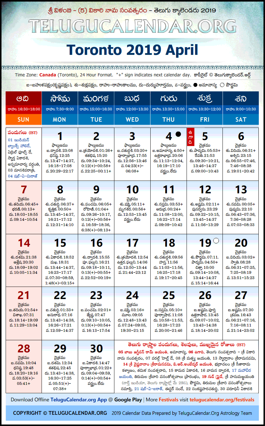 Telugu Calendar 2019 April, Toronto