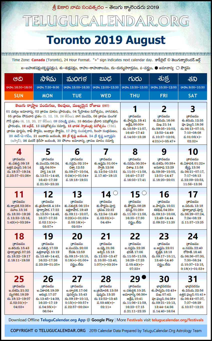 Telugu Calendar 2019 August, Toronto