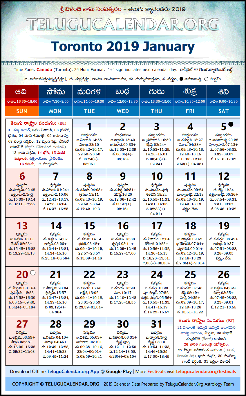 Telugu Calendar 2019 January, Toronto