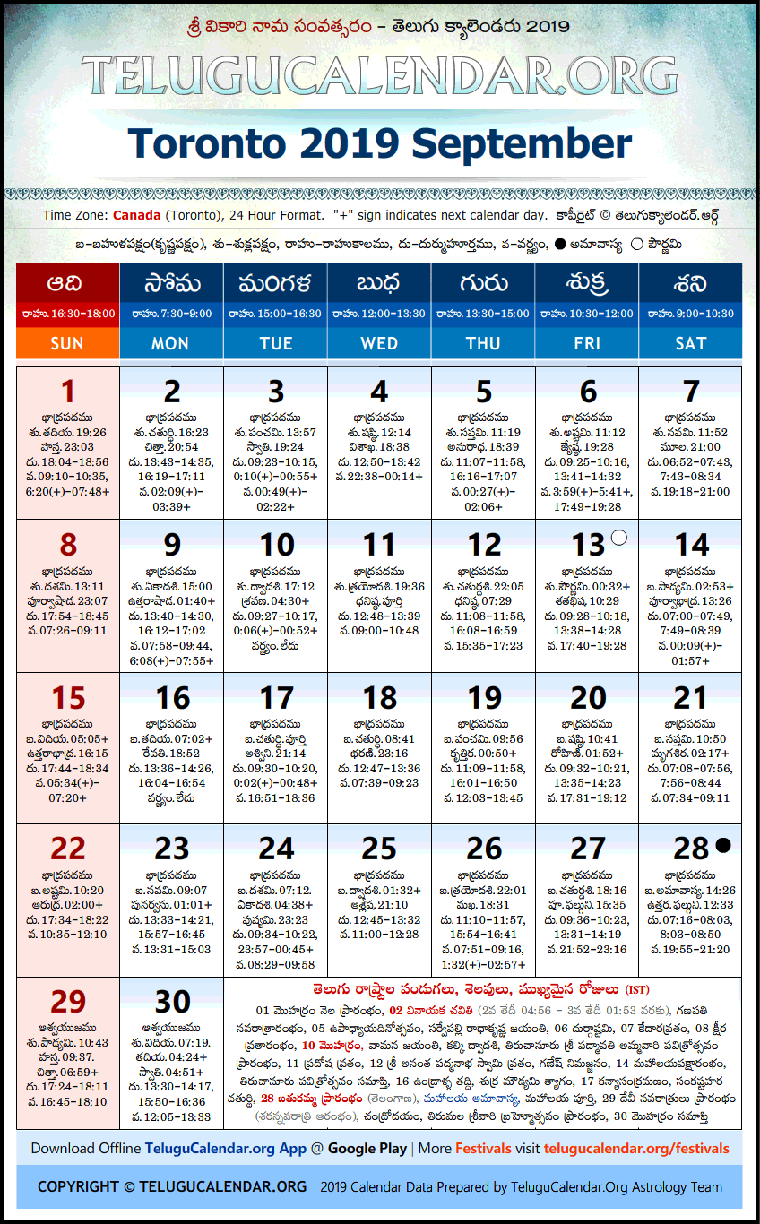 Telugu Calendar 2019 September, Toronto