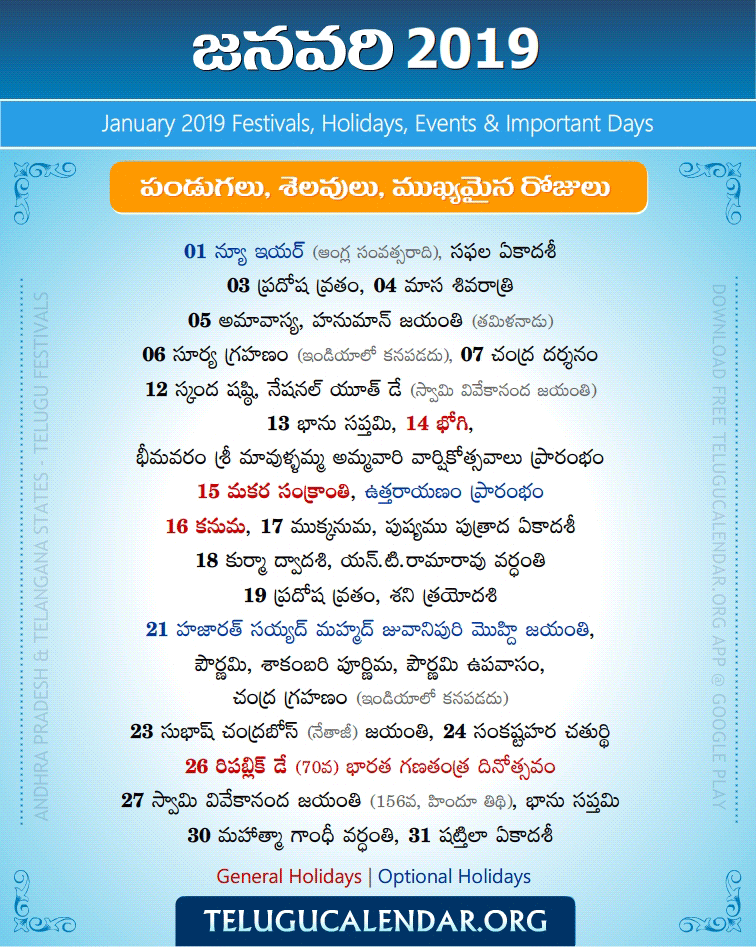 Telugu Festivals 2019 January