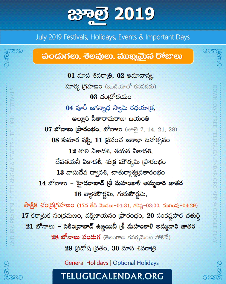 Telugu Festivals 2019 July