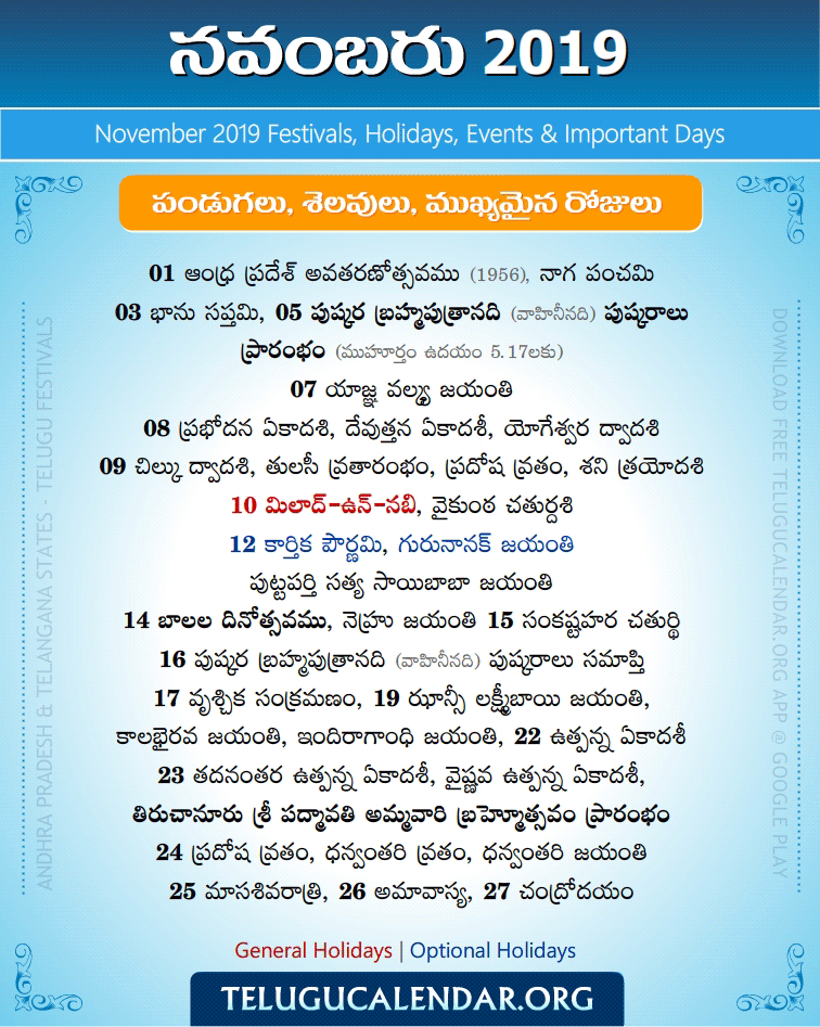 Telugu Festivals 2019 November