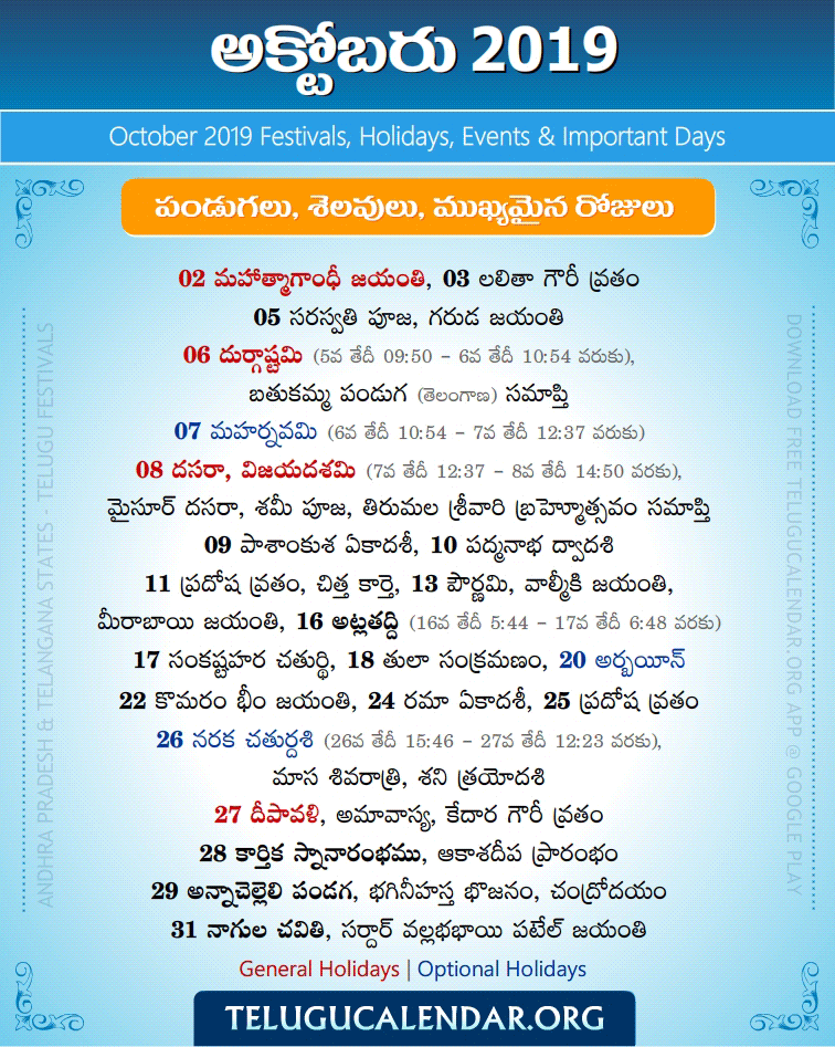 Telugu Festivals 2019 October