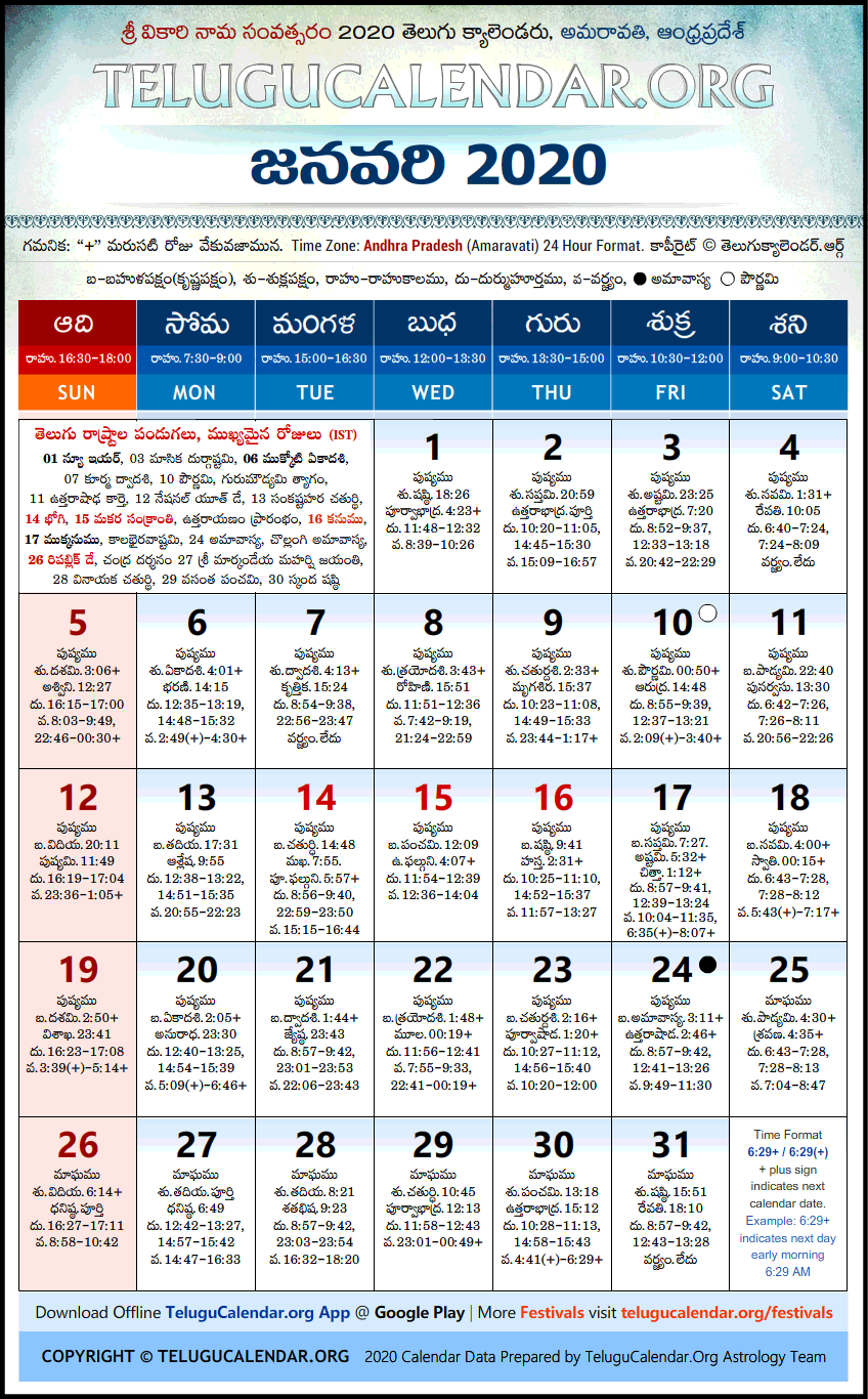 Telugu Calendar 2020 January, Andhra Pradesh