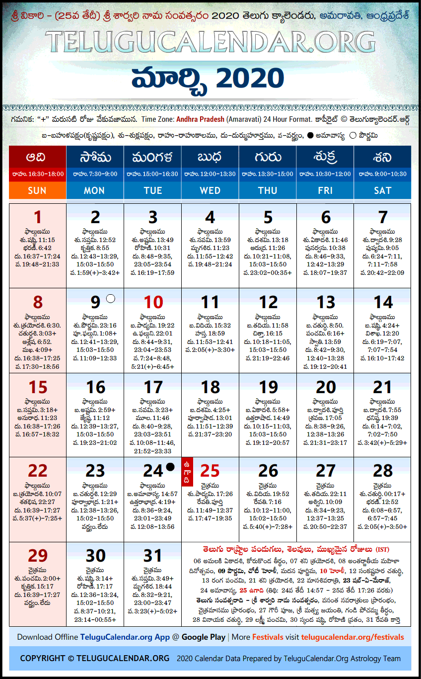 Telugu Calendar 2020 March, Andhra Pradesh