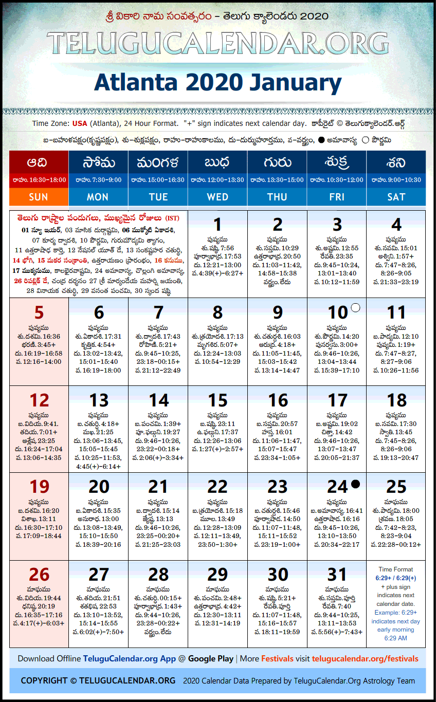 Telugu Calendar 2020 January, Atlanta